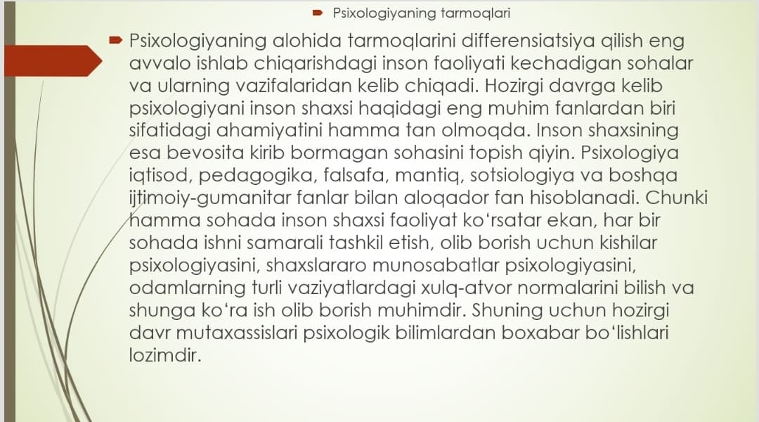 Umumiy psixologiya fanining tarmoqlari va tadqiqot metodlari