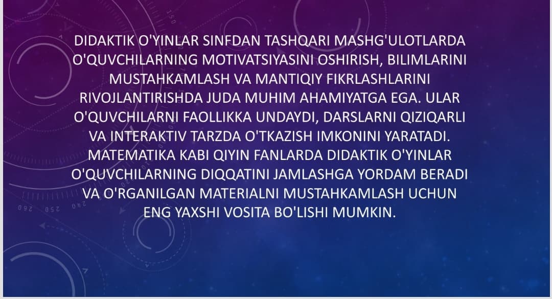 MAVZU:Sinfdan tashqari mashg`ulotlarda didaktik o`yinlarning ahamiyati, mazmuni ulardan foydalanish usullari