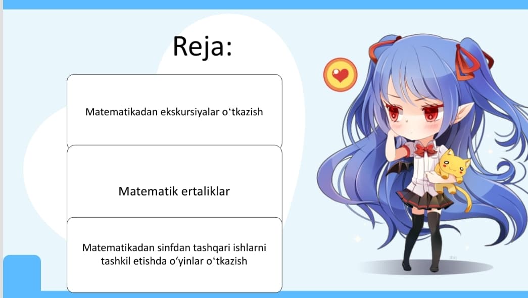 Mavzu: Matematikadan ekskursiyalar, ertaliklar , o‘yinlar tayyorlash va o‘tkazish metodikasi