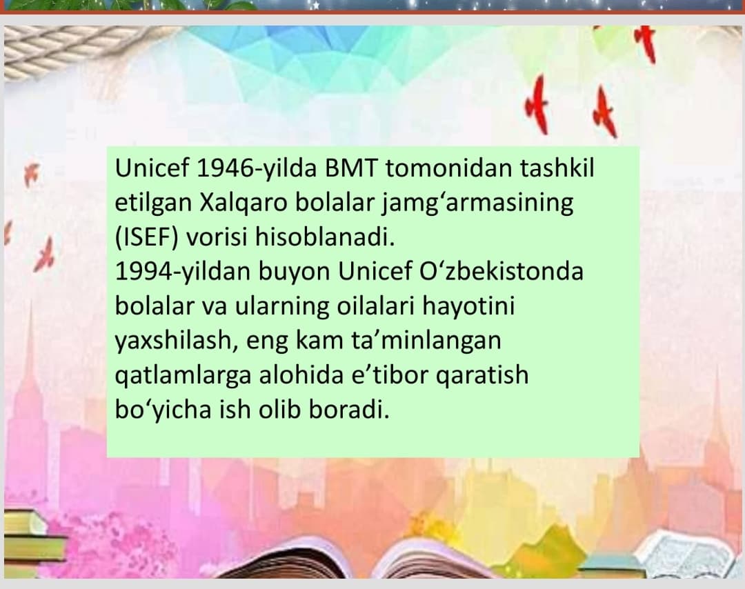 YuNISEF xalqaro tashkiloti faoliyatida yoshlarni xuquqiy himoya qilish masalalari.