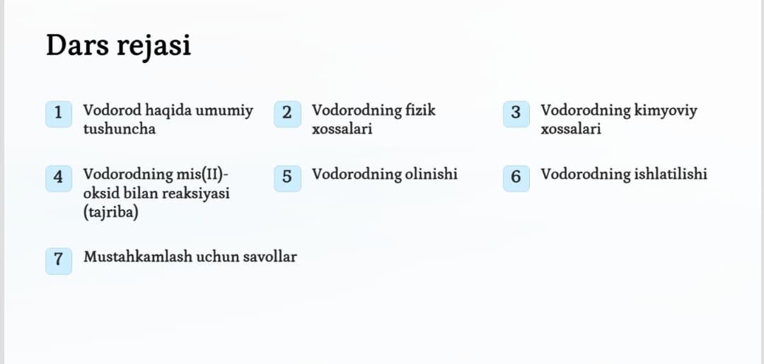 "Vodorodning xossalari va ishlatilishi. Namoyishli tajriba: Vodorodning mis(II)-oksid bilan o'zaro ta'siri"  Fan: Kimyo, 7-sinf