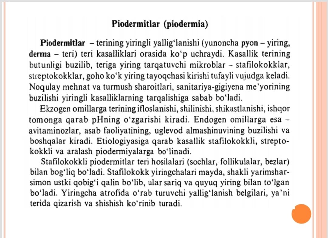 Piodermiya. Dermatozoonozlar Strepto-. statilo-, va aralash piodermiyalar. Terining zamburug'li kasalliklari.