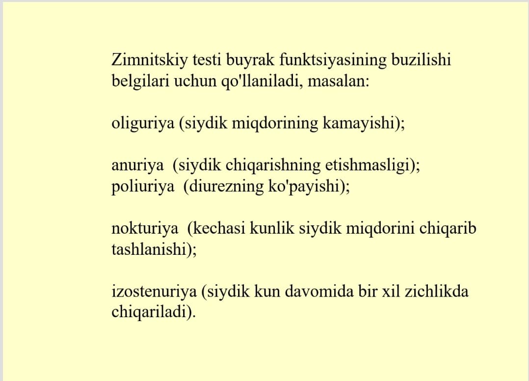Umumiy siydik taxlilini interpretatsiyasi. Buyrakning    funksional sinamalari: Zimniskiy, Nechiporenko,            Reberg sinamalarini interpretatsiyasi