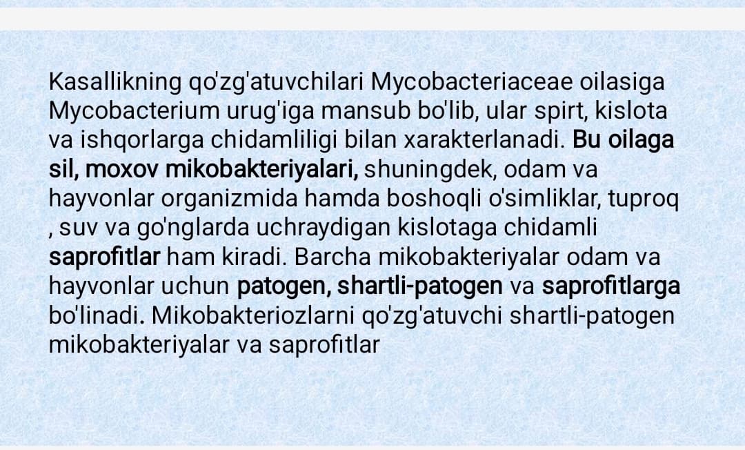 Havo-tomchi bakterial yuqumli kasallik qo'zg'atuvchilari(sil, moxov, aktinomitsetlar)