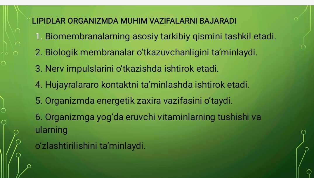 Lipidlarning tuzilishi, funksiyasi va metabolizmi
