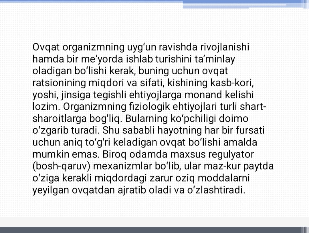 Statsionar sharoitda bemorlarni   ovqatlantirishni tashkil qilish