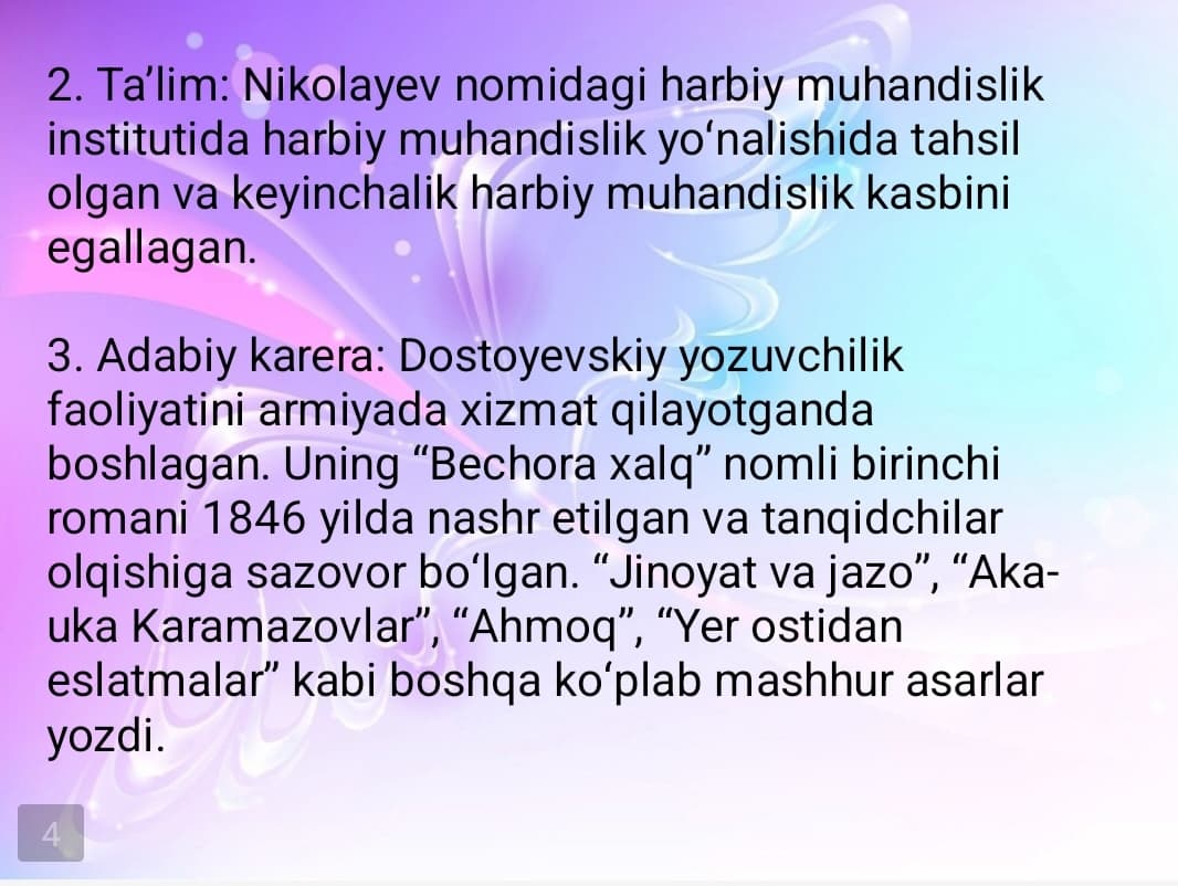 Dostoevskiy  hayoti va " Telba" asari tahlili