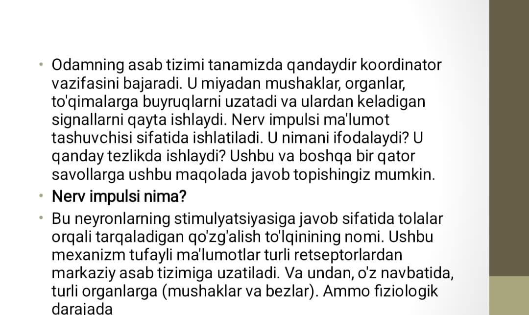 Neyronlarda  nerv impulslarining hosil bo’lish mexanizmlari. Nerv  tolalari bo‘ylab qo’zgalish o‘tish mexanizmi