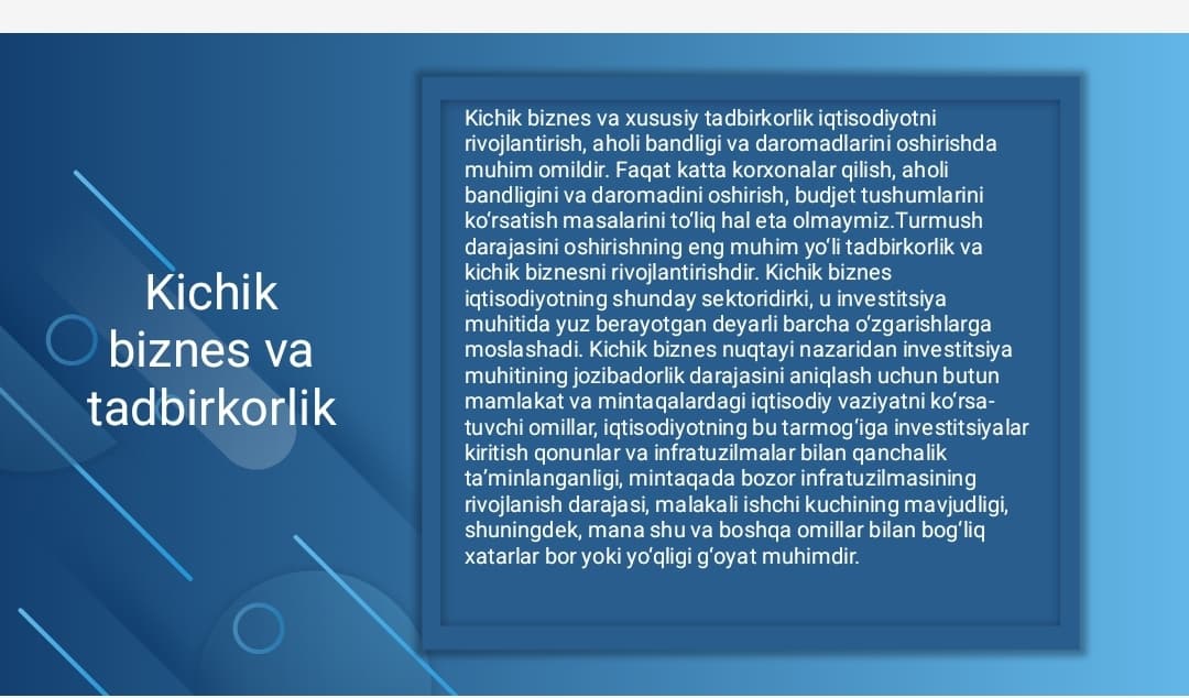 Kichik biznes va tadbirkorlikka xorijiy investitsiyalarni jalb qilish
