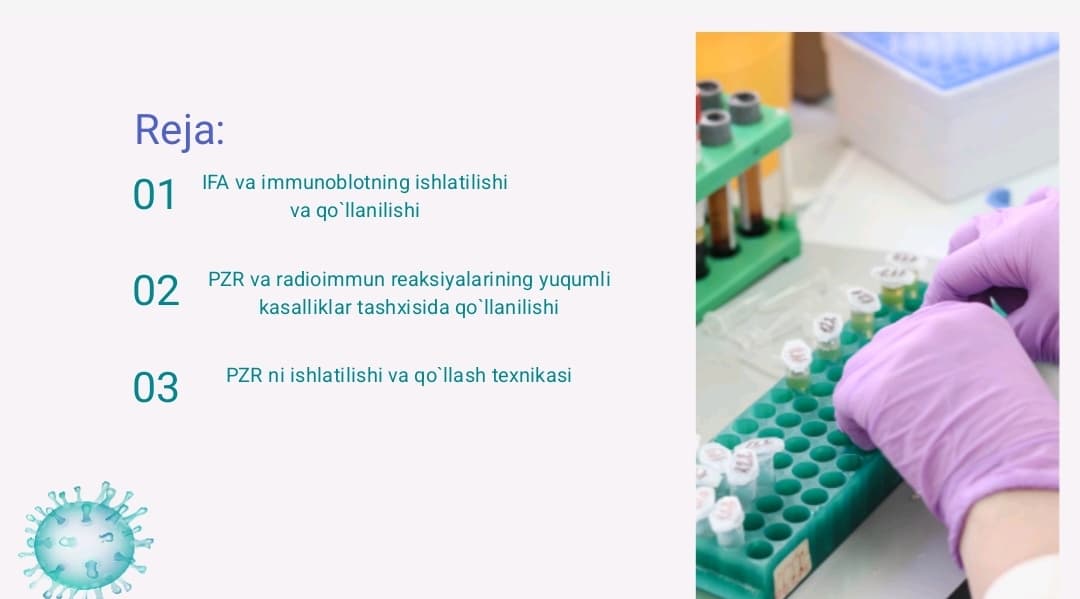 IFA, immunoblot, PZR, radioimmun reaksiyalarning yuqumli kasalliklar tashxisida qo`llanilishi, qo`yish texnikasi