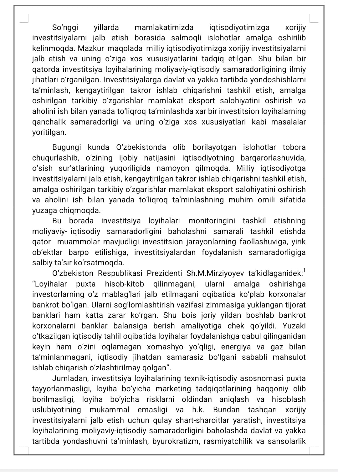 INVESTITSIYA LOYIHALARI SAMARADORLIGI