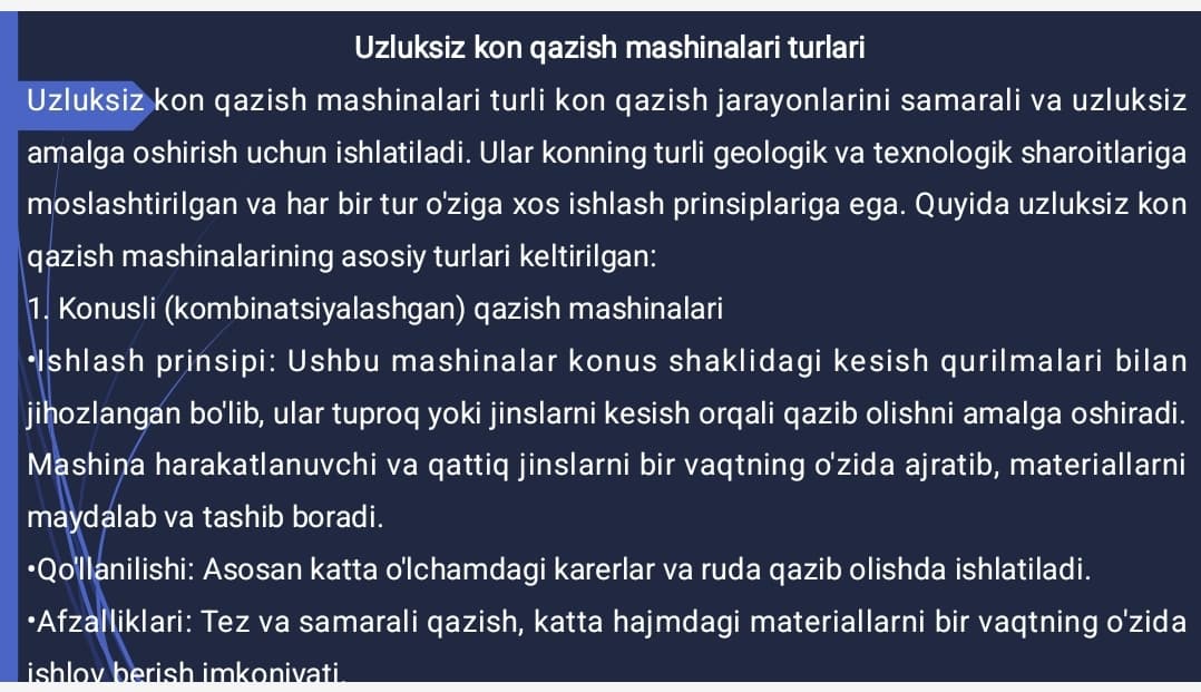 Uzluksiz ishlovchi kon qazish mashinalarining ishlash prinsiplari va qo'llanilish soxalari