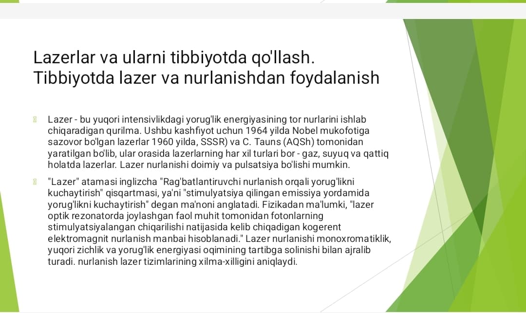 Lazerning tibbiyotda ahamiyati.