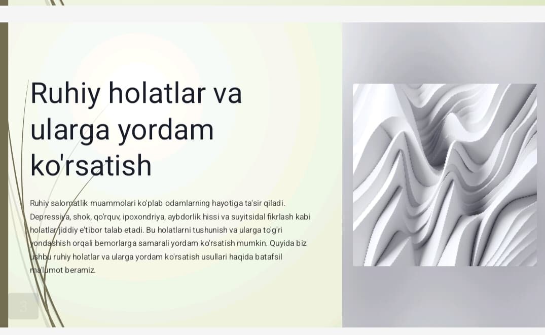 Bemorlarning ruhiy holati «Depressiya, shok, qo'rquv, cho'chish, ipoxondriya, o'zini aybdor xis qilish», suyitsidal fikrlash va x.k