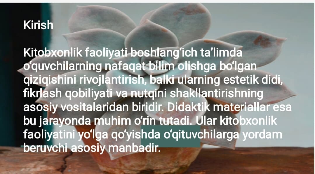 Mavzu: Kitobxonlik faoliyatini shakllantirishda didaktik materiallarning ahamiyatini tahlil qilish