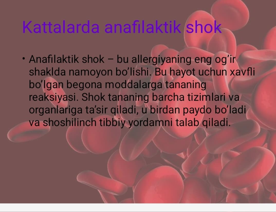 Anafilaktik shok: sabablari, klinikasi va tashxisi, birinchi yordam