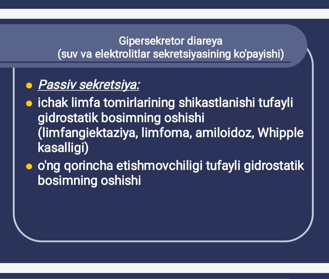 Diareya sindromli kasalliklarni differentsial diagnostikasi va davolash tamoyillari