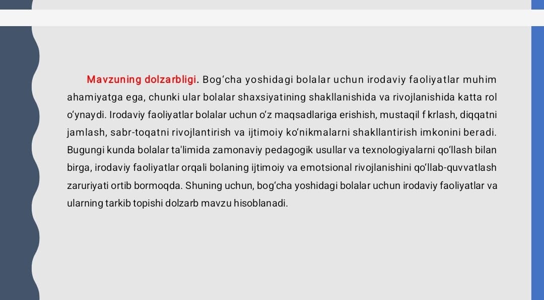 BOG’CHA YOSHIDAGI BOLALARDA IRODAVIY FAOLIYATLARNI TARKIB TOPISHI