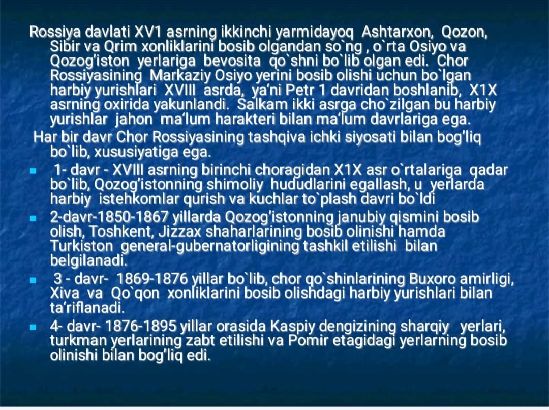 Chor Rossiyasining Turkistonni bosib olishi. Chorizm istibdodiga qarshi Turkiston xalqlarining milliy-ozodlik kurashi.