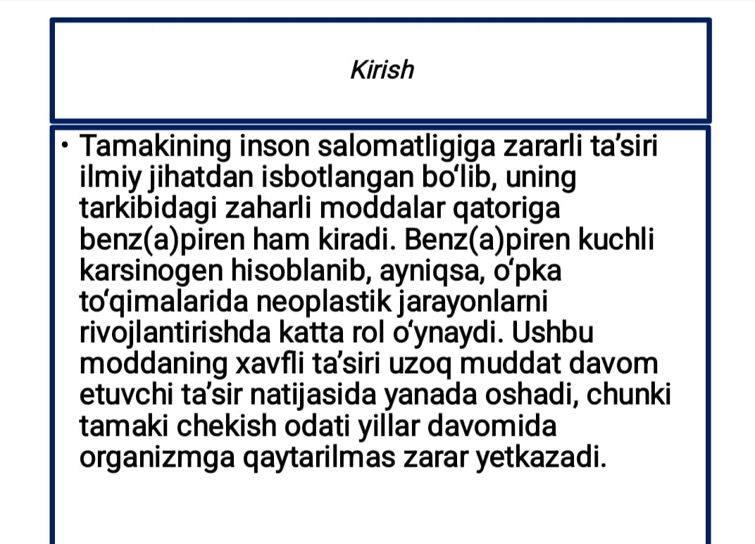 "Tamakidagi Benz(a)pirenning O‘pkada Neoplastik Jarayonlar Rivojlanishidagi Ahmiyati"