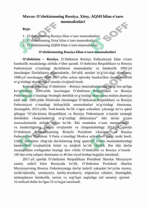 O‘zbekistonning Rossiya, Xitoy, AQSH bilan o‘zaro munosabatlari