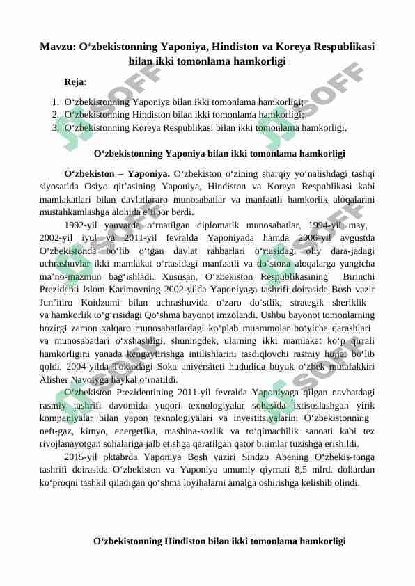 O‘zbekistonning Yaponiya, Hindiston va Koreya Respublikasi bilan ikki tomonlama hamkorligi