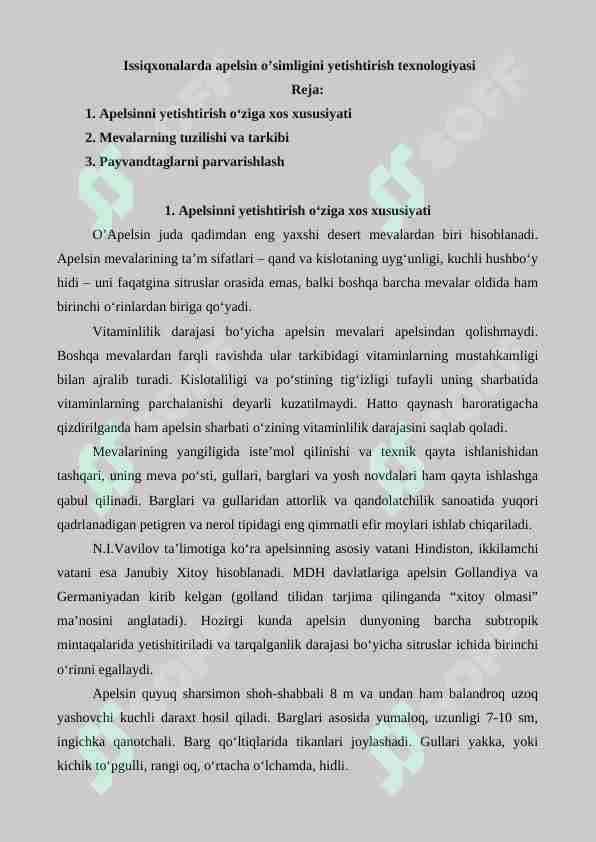 Issiqxonalarda apelsin o'simligini yetishtirish texnologiyasi