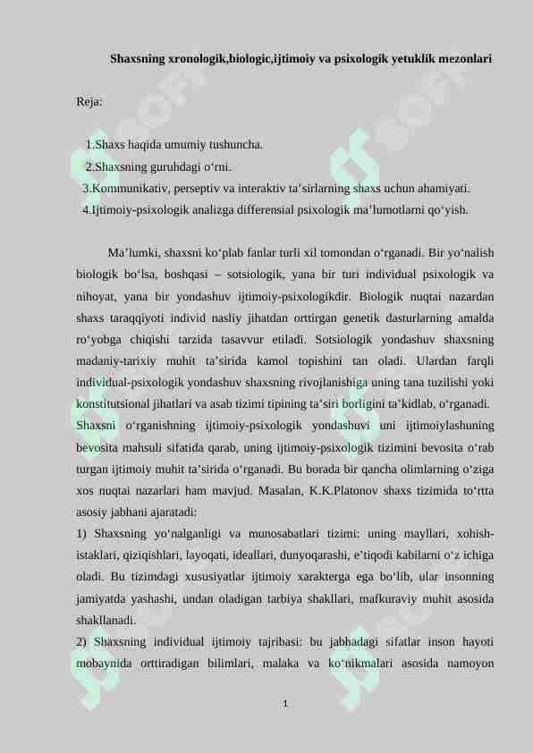 Shaxsning xronologik,biologik,ijtimoiy va psixologik yetuklik mezonlari
