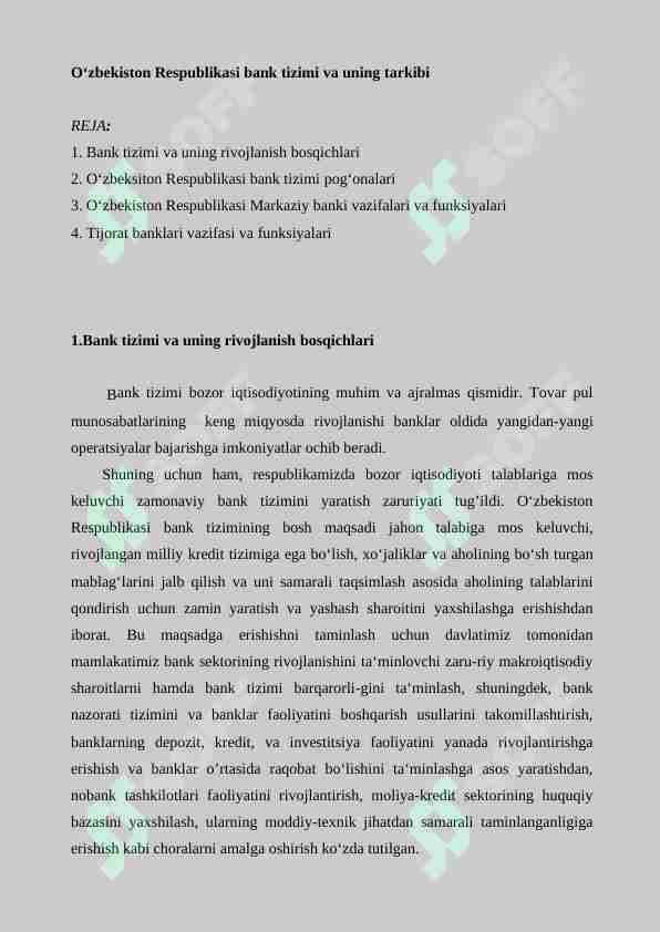 O'zbekiston Respublikasi bank tizimi va uning tarkibi