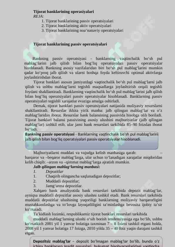 Tijorat banklarining operasiyalari
