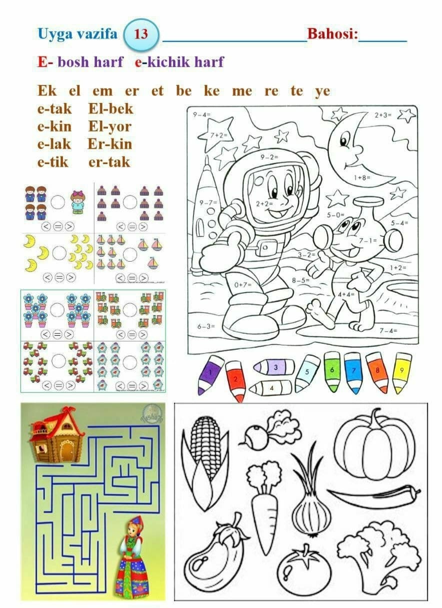 Alifbe, matematika, yozuv fanlari uchun vazifalar