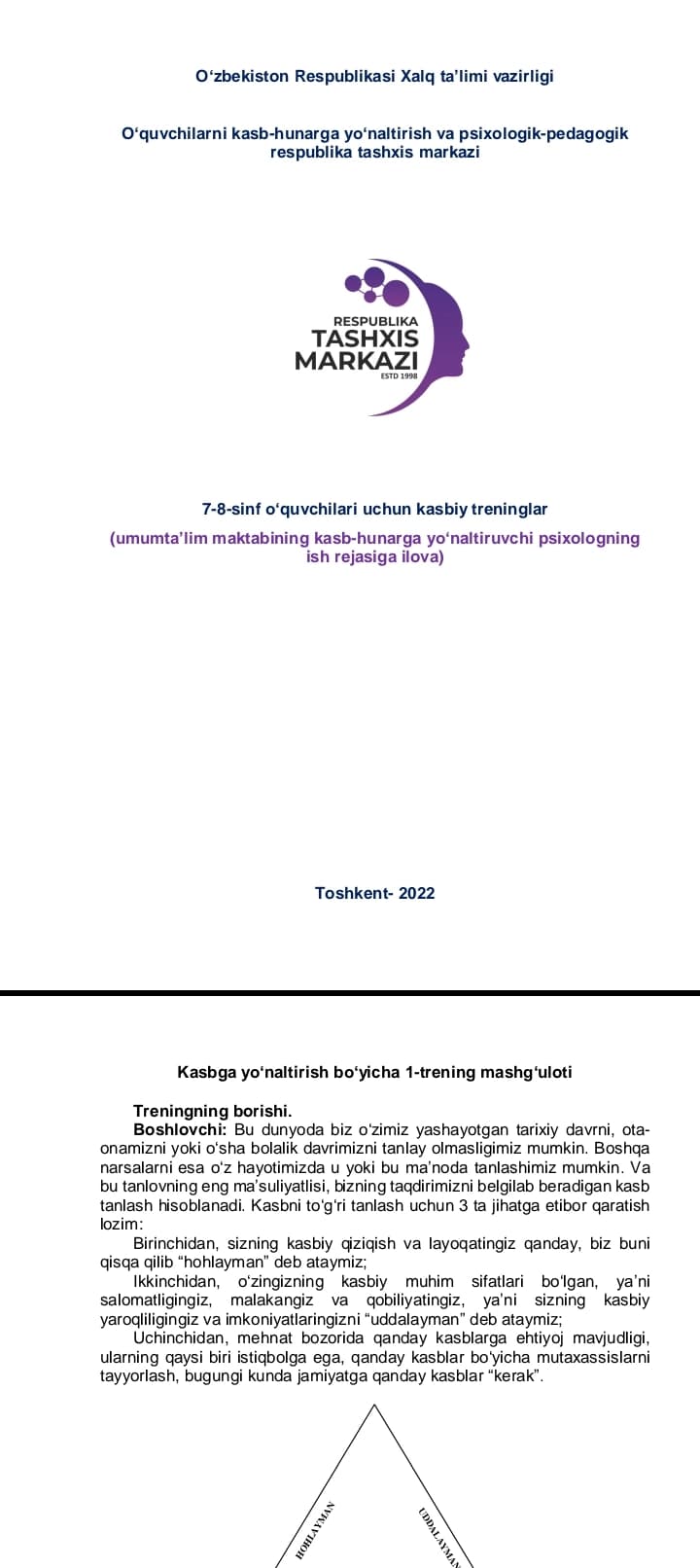 7-8 sinflarga kasbiy trening