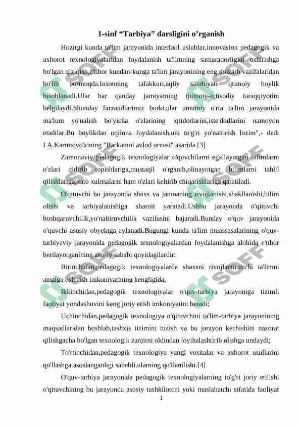 1-sinf “Tarbiya” darsligini o’rganish