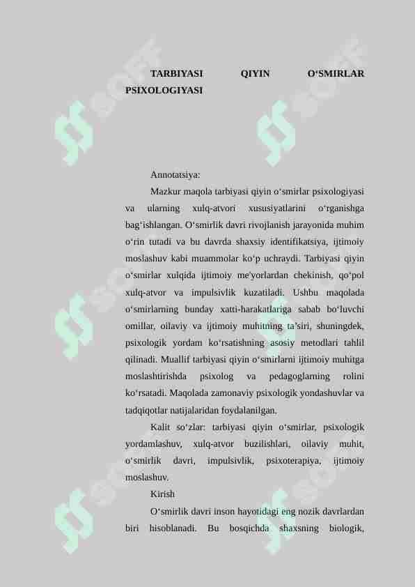 Tarbiyasi qiyin oʻsmirlar psixologiyasi