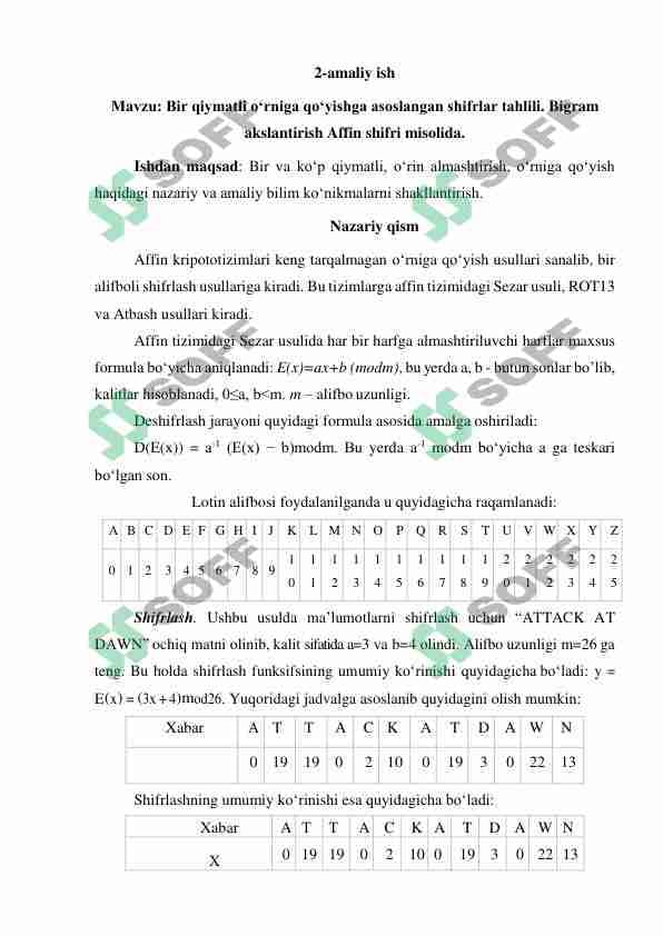 Bir qiymatli o‘rniga qo‘yishga asoslangan shifrlar tahlili. Bigram  akslantirish Affin shifri misolida.