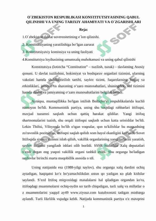 O`ZBEKISTON RESPUBLIKASI KONSTITUTSIYASINING QABUL QILINISHI VA UNING TARIXIY AHAMIYATI VA O`ZGARISHLARI