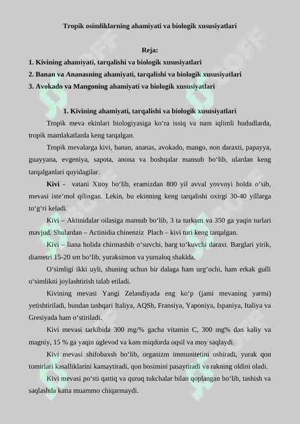Tropik osimliklarning ahamiyati va biologik xususiyatlari
