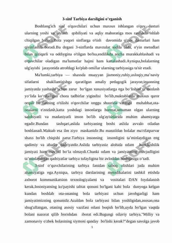 3-sinf Tarbiya darsligini o’rganish