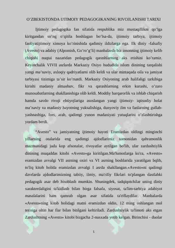 O’ZBEKISTONDA IJTIMOIY PEDAGOGIKANING RIVOJLANISHI TARIXI