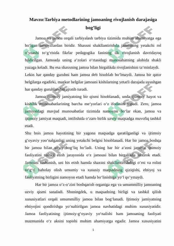 Tarbiya metodlarining jamoaning rivojlanish darajasiga bog’ligi