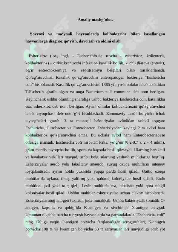 Yovvoyi va mo‘ynali hayvonlarda kolibakterioz bilan kasallangan hayvonlarga diagnoz qo‘yish, davolash va oldini olish