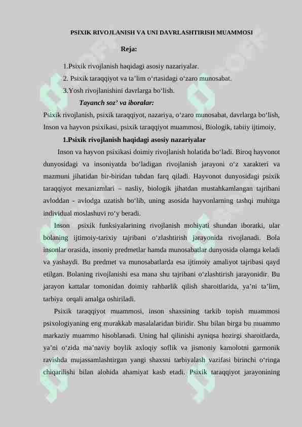 PSIXIK RIVOJLANISH VA UNI DAVRLASHTIRISH MUAMMOSI