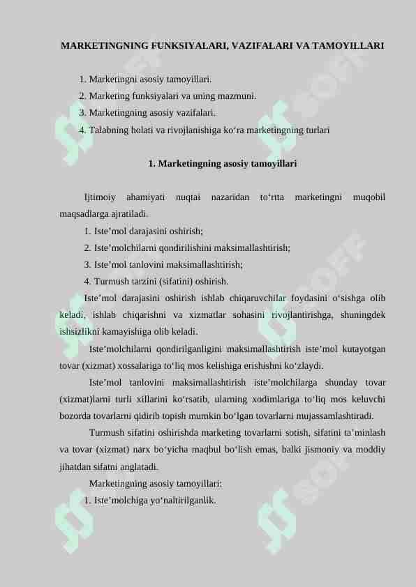 MARKETINGNING FUNKSIYALARI, VAZIFALARI VA TAMOYILLARI