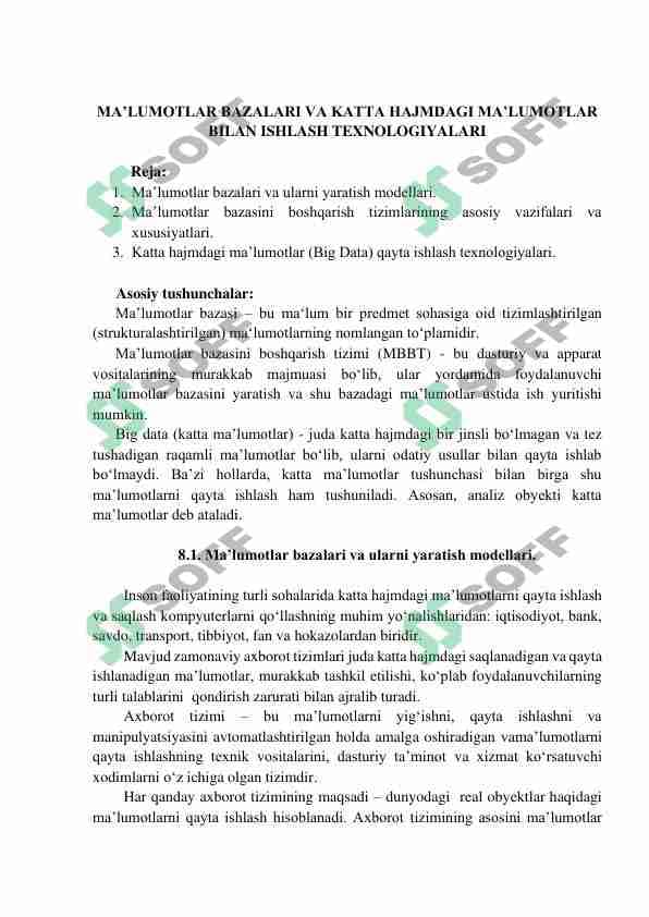 MA’LUMOTLAR BAZALARI VA KATTA HAJMDAGI MA’LUMOTLAR  BILAN ISHLASH TEXNOLOGIYALARI