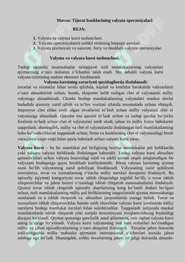 Tijorat banklarining valyuta operatsiyalari