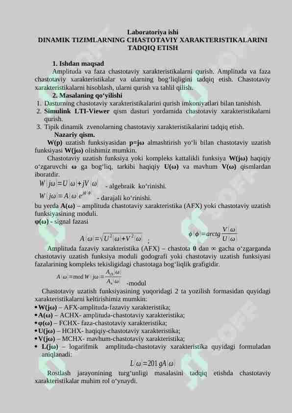 DINAMIK TIZIMLARNING CHASTOTAVIY XARAKTERISTIKALARINI TADQIQ ETISH