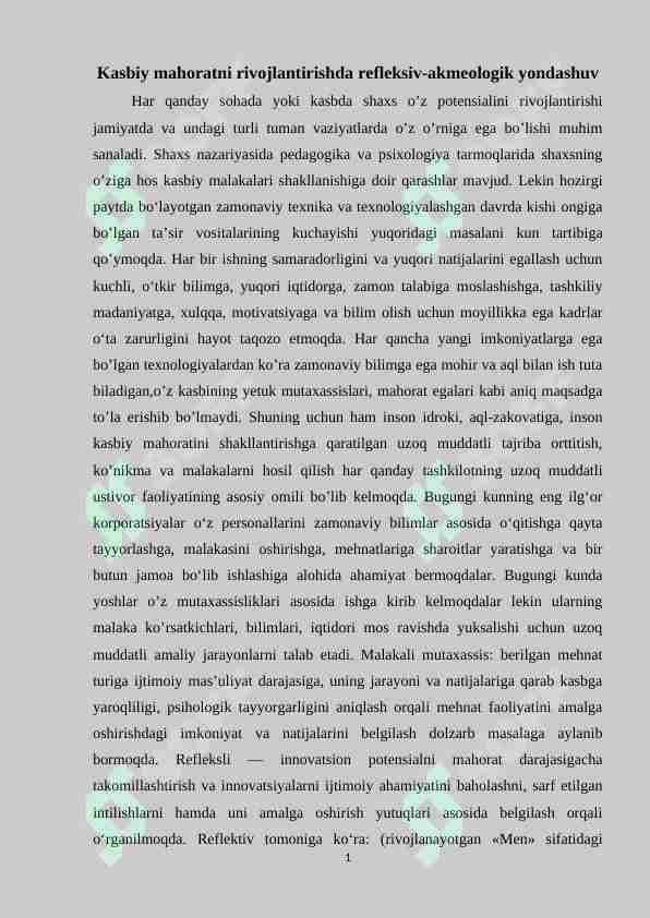 Kasbiy mahoratni rivojlantirishda refleksiv-akmeologik yondashuv