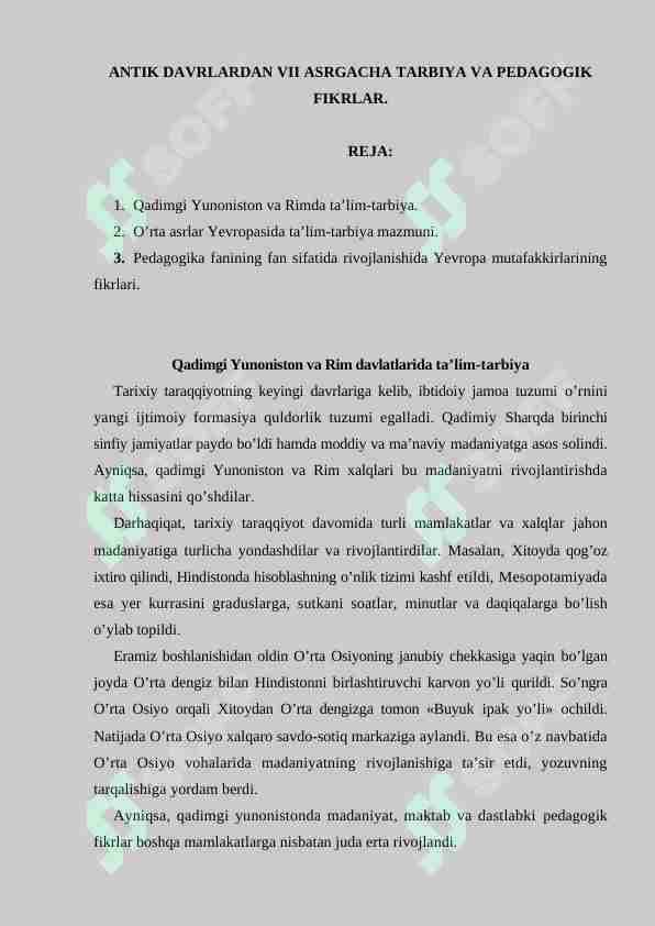 ANTIK DAVRLARDAN VII ASRGACHA TARBIYA VA PEDAGOGIK FIKRLAR.
