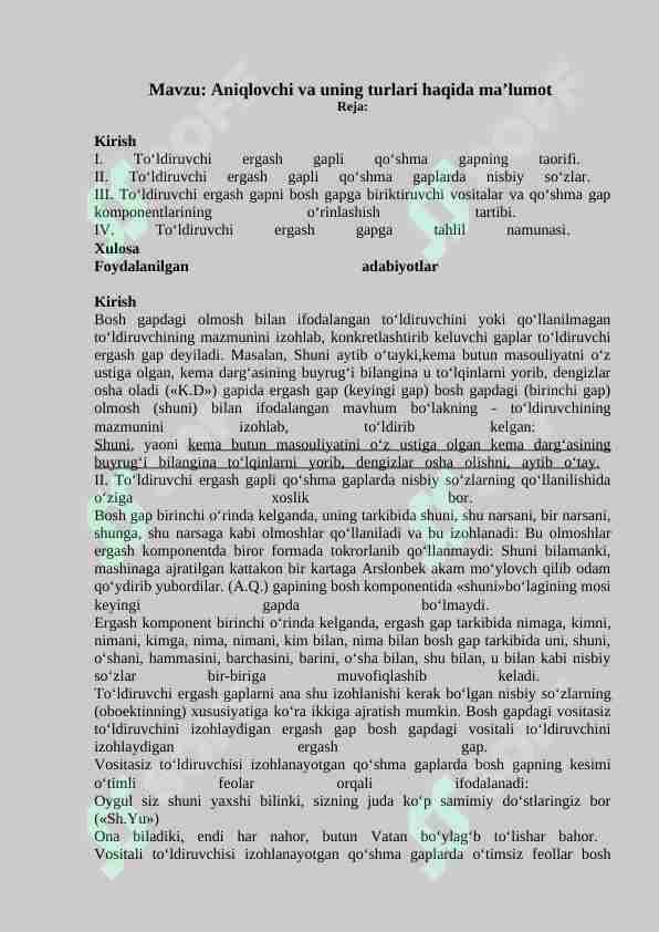 Aniqlovchi va uning turlari haqida ma’lumot
