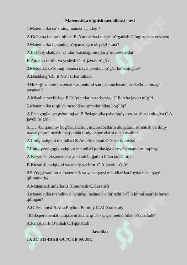 Matematika o’qitish metodikasi - test